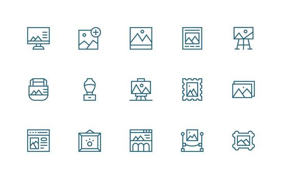 Gallery Icon Collection with 15 Regular Line Designs Web and App Icon Pack Collection vector