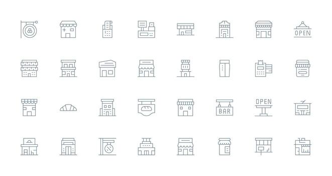 Storefront Design Icons featuring 32 in Thin Line Style Detailed Icon Collection for Design Systems vector