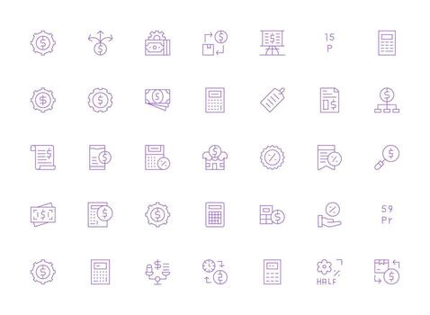 costo icono conjunto con 35 ligero línea gráficos ordenado icono conjunto vector