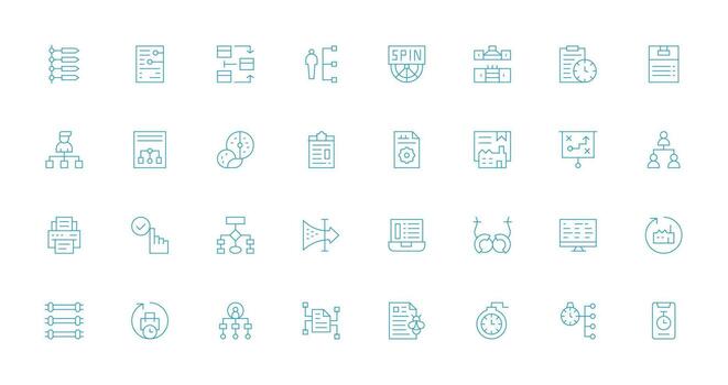 flujo de trabajo diseño íconos presentando 32 en Delgado línea estilo estándar icono paquete vector