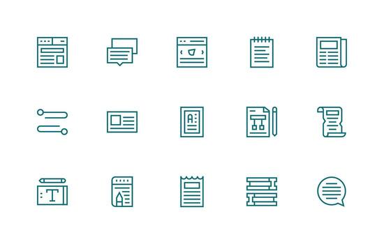 párrafo presentando 15 íconos en regular línea diseño mínimo icono conjunto para interfaz proyectos vector