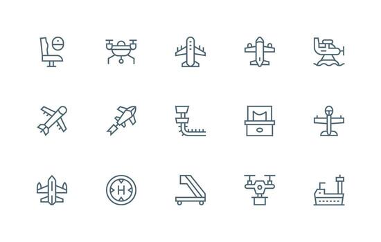 Aircraft featuring 15 Icons in Regular Line Design Icon Set for Web vector