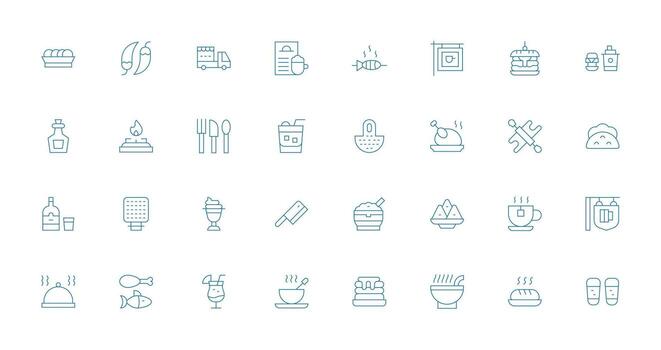 Restaurant featuring 32 Icons in Thin Line Design Complete Icon Bundle for Web Design vector