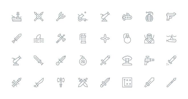 Delgado línea íconos desde ataque conjunto con 32 vectores versátil icono colección para diseñadores