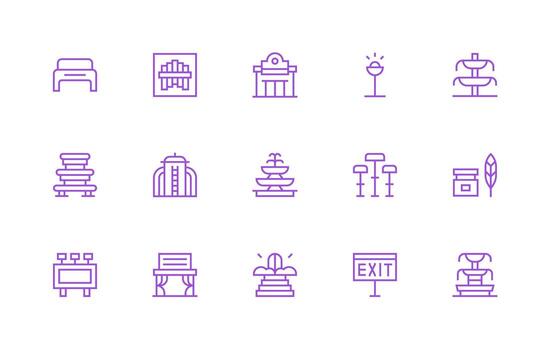 Public Space Design Icons featuring 15 in Regular Line Style Icon Set vector