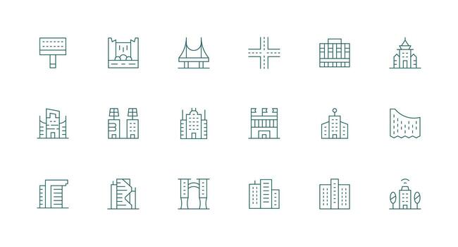 Urban Planning Design Icons featuring 18 in Minimal Line Style Neatly Designed Icons for Web Platforms vector