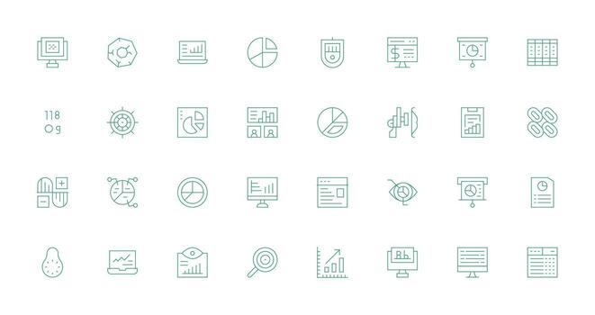 Delgado línea estilo datos visualización íconos con 32 vectores detallado icono colección para diseño sistemas