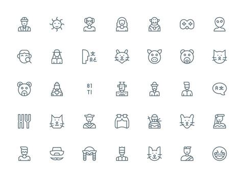 Character featuring 35 Icons in Regular Clean Line Design Icon Collection Set vector