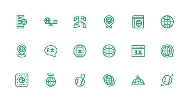 Internationalization Icon Set with 18 Strong Stroke Line Graphics Sharp Icons for Presentations vector