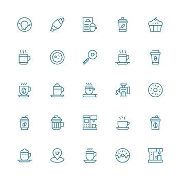 Coffee Shop Icon Collection with 25 Medium Stroke Outline Designs Scalable Icons for Cross-Platform Interfaces vector