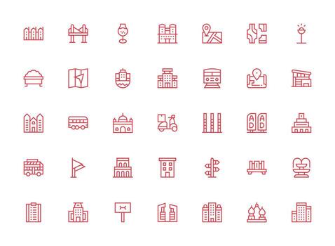 35 Icons for City in Regular Clean Line Format UI and UX Focused Icon Collection vector