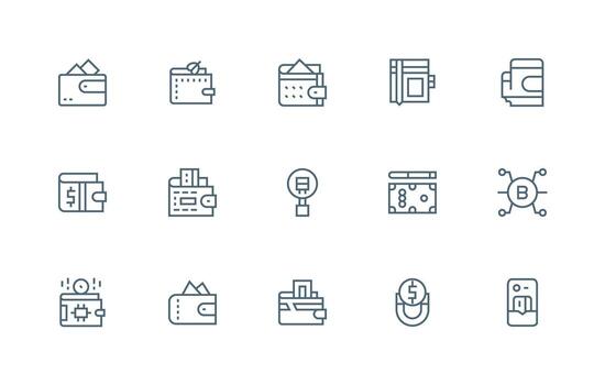 Wallet Visual Pack containing 15 Regular Line Icons Style Icon Set vector