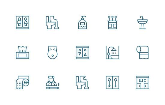 Regular Line Style Restroom Icons with 15 Vectors Responsive Icon Set for Flexible Layouts
