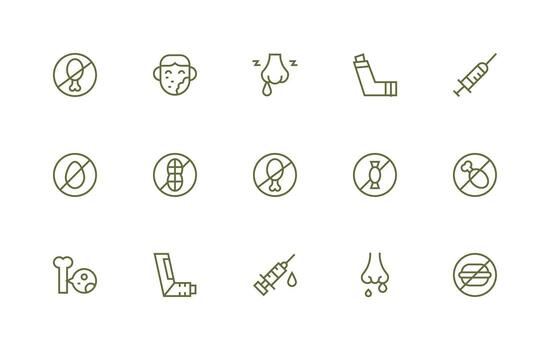 Allergy Icon Set with 15 Regular Line Graphics Icon Set for Projects vector