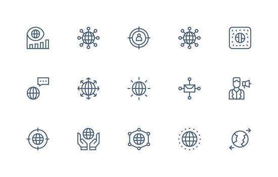 Outreach Icon Collection with 15 Regular Line Designs Fully Editable Icon Set for Web vector