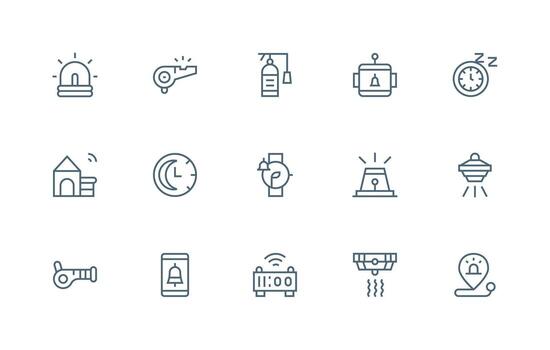 Alarm Design Icons featuring 15 in Regular Line Style Full Icon Library for UI Designers vector