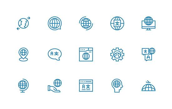 Internationalization including 15 Regular Line Illustrations Quick Access Icons for UI Development vector
