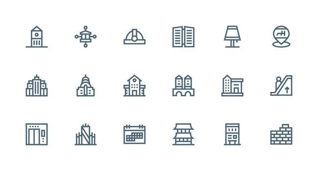 edificio icono conjunto con 18 fuerte carrera línea gráficos icono paquete para varios temas vector