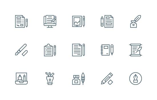 bolígrafo presentando 15 íconos en regular línea diseño claro y conciso icono conjunto colección vector