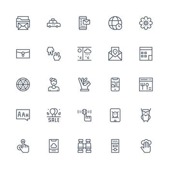 aplicación presentando 25 íconos en medio carrera contorno diseño neutral estilo íconos para ninguna proyecto vector