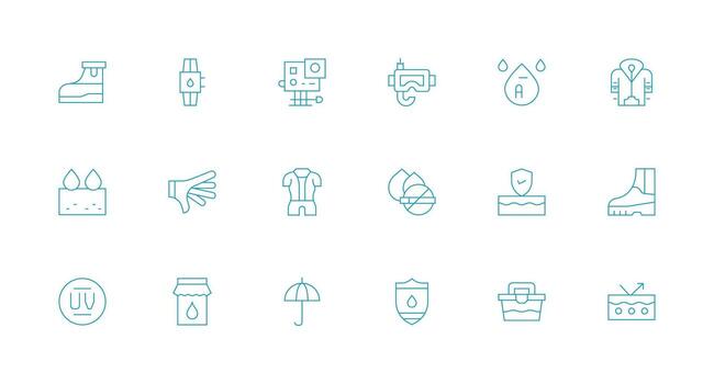 Waterproof Design Icons featuring 18 in Minimal Line Style Scalable Icons for Cross-Platform Interfaces vector