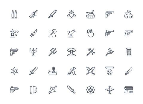 Weapon featuring 35 Icons in Regular Clean Line Design Flexible Icon System for Web Interfaces vector
