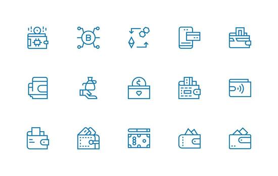 Wallet Design Icons featuring 15 in Regular Line Style Editable Icon Collection vector
