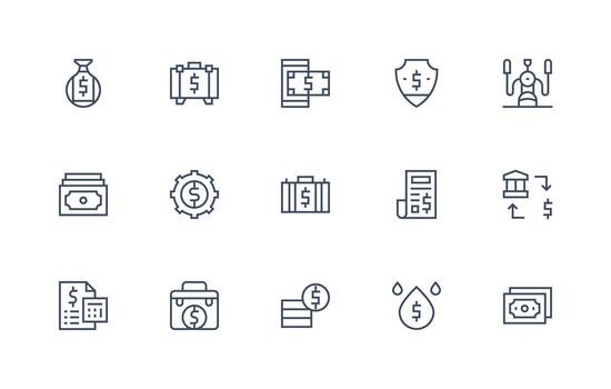 Dollars Icon Set with 15 Regular Line Graphics Functional Icon Series vector
