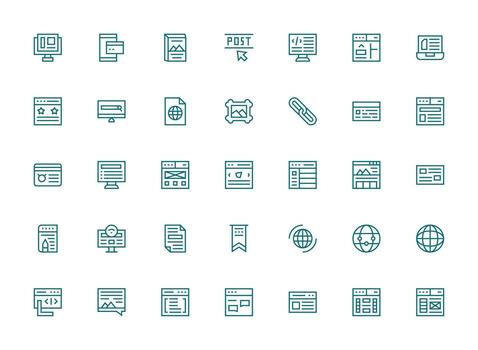 Webpage Design Icons featuring 35 in Regular Clean Line Style Fully Editable Icon Set for Web vector