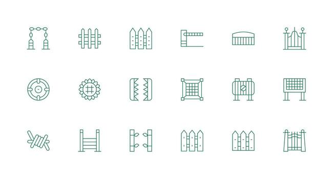 Fence Design Icons featuring 18 in Minimal Line Style Neatly Designed Icons for Web Platforms vector