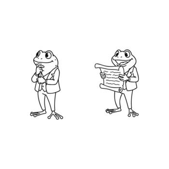 A set of a wise frog character, showing a cartoon amphibian in a suit in a thoughtful pose and then reading from a historical scroll. vector