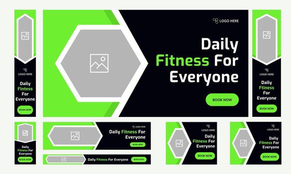 Trendy daily body fitness services web bundle banner design for social media post, daily exercise methods web set banner design, fully customizable eps 10 file format vector