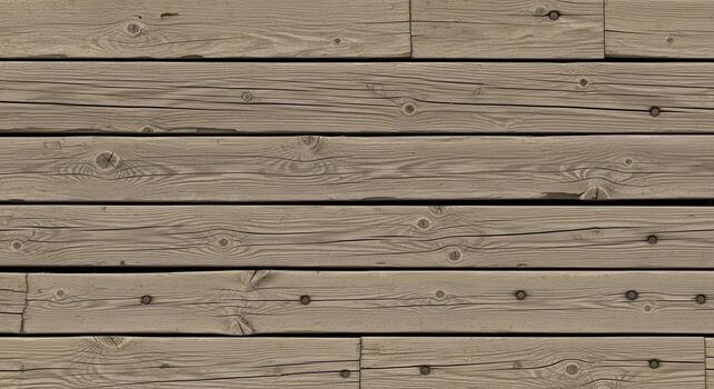 Detailed overhead view of aged wooden deck planks with visible grain and knots, creating a rustic and industrial textured background photo