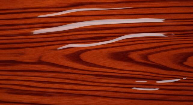 Abstract texture of rich reddish-brown wood grain, featuring natural wavy patterns subtly enhanced by reflective streaks of clear liquid, creating a dynamic organic visual photo