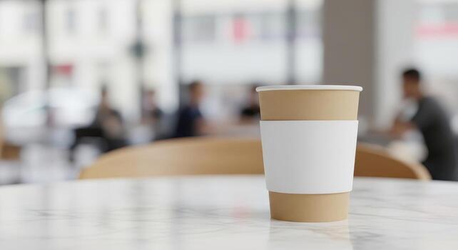 Coffee Cup Mockup on Marble Table in Cafe with Blurred Background photo
