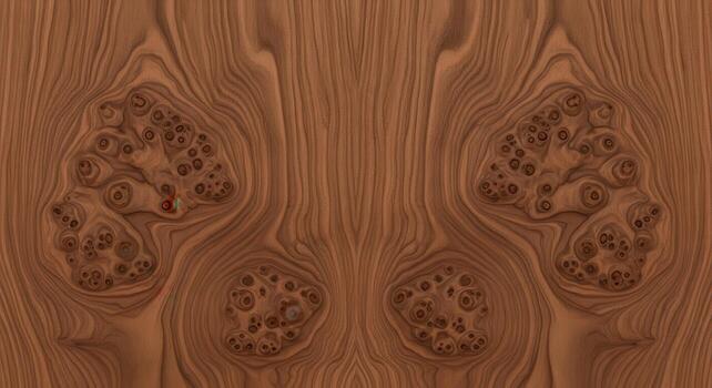 A close-up view of a symmetrical reddish-brown burl wood pattern, featuring intricate grain swirls and eye-like knots, creating a unique natural texture photo