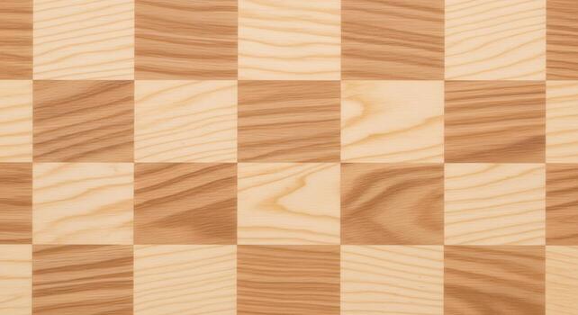 Detailed top-down view of a classic wooden checkerboard pattern, showcasing alternating light and dark squares with a beautiful natural grain texture photo
