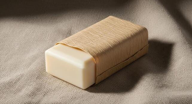 Bar of soap wrapped in textured paper packaging on a neutral fabric background photo
