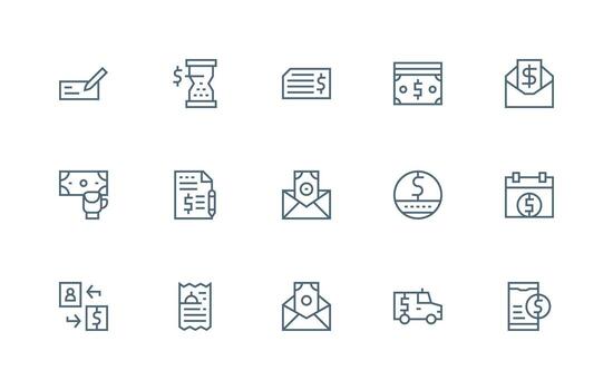 Bill Icon Collection with 15 Regular Line Designs Scalable Icons for Cross-Platform Interfaces vector