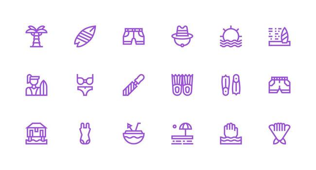 Beach Visual Pack containing 18 Strong Stroke Line Icons Balanced Icon Set for Functional Design vector