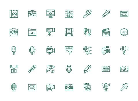 Recording Set with 35 Regular Clean Line Icons Icon Set for Web vector