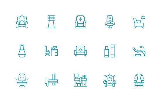 Chair Icon Set with 15 Regular Line Graphics Light Icon Series vector