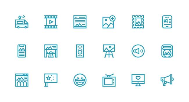 Strong Stroke Line Style Media Icons with 18 Vectors Sharp Icons for Presentations