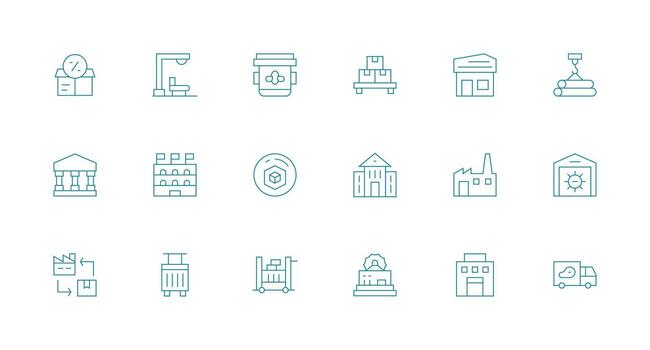 Warehouse Design Icons featuring 18 in Minimal Line Style Icon Pack for Various Themes vector