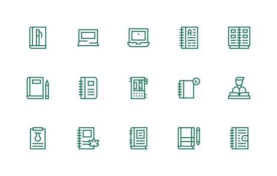 cuaderno icono conjunto con 15 regular línea gráficos esencial icono colección vector