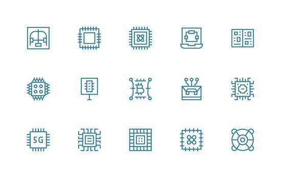 procesador diseño íconos presentando 15 en regular línea estilo reutilizable icono conjunto vector