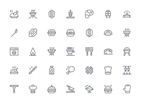 Regular Clean Line Style Grill Icons with 35 Vectors Web and App Icon Pack Collection