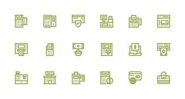 Debit Card Design Icons featuring 18 in Strong Stroke Line Style Minimal Icon Set for Interface Projects vector