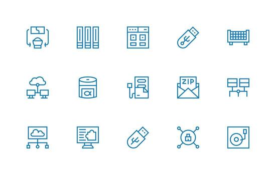 Digital Storage Design Icons featuring 15 in Regular Line Style Flexible Icon System for Web Interfaces vector