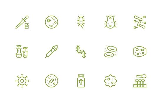 Microbiology Design Icons featuring 15 in Regular Line Style Essential Icon Set for Teams vector